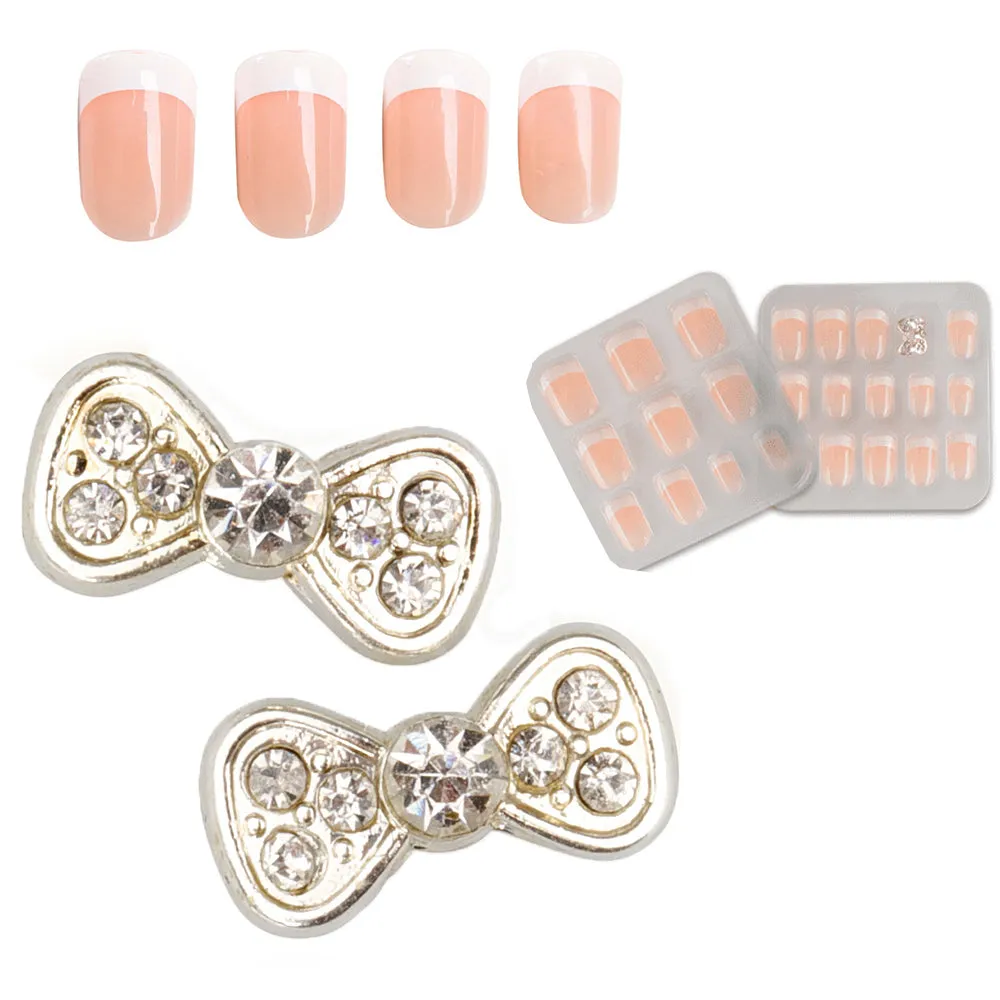 24 Ct Press On Nail Set French Tip Design Charms Adhesive Easy Manicure Women
