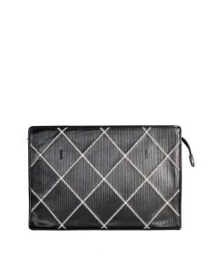 Fendi Vintage Black Ribbed Leather Contract Stitch Portfolio Clutch Bag