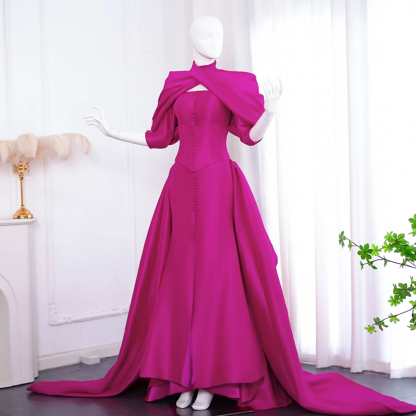 Fuchsia Mermaid Evening Dress with Overskirt Corset Long Sleeves SF030