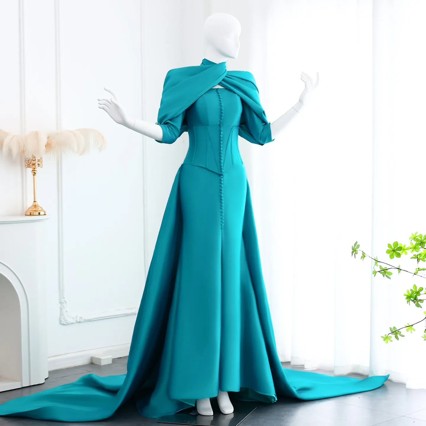 Fuchsia Mermaid Evening Dress with Overskirt Corset Long Sleeves SF030