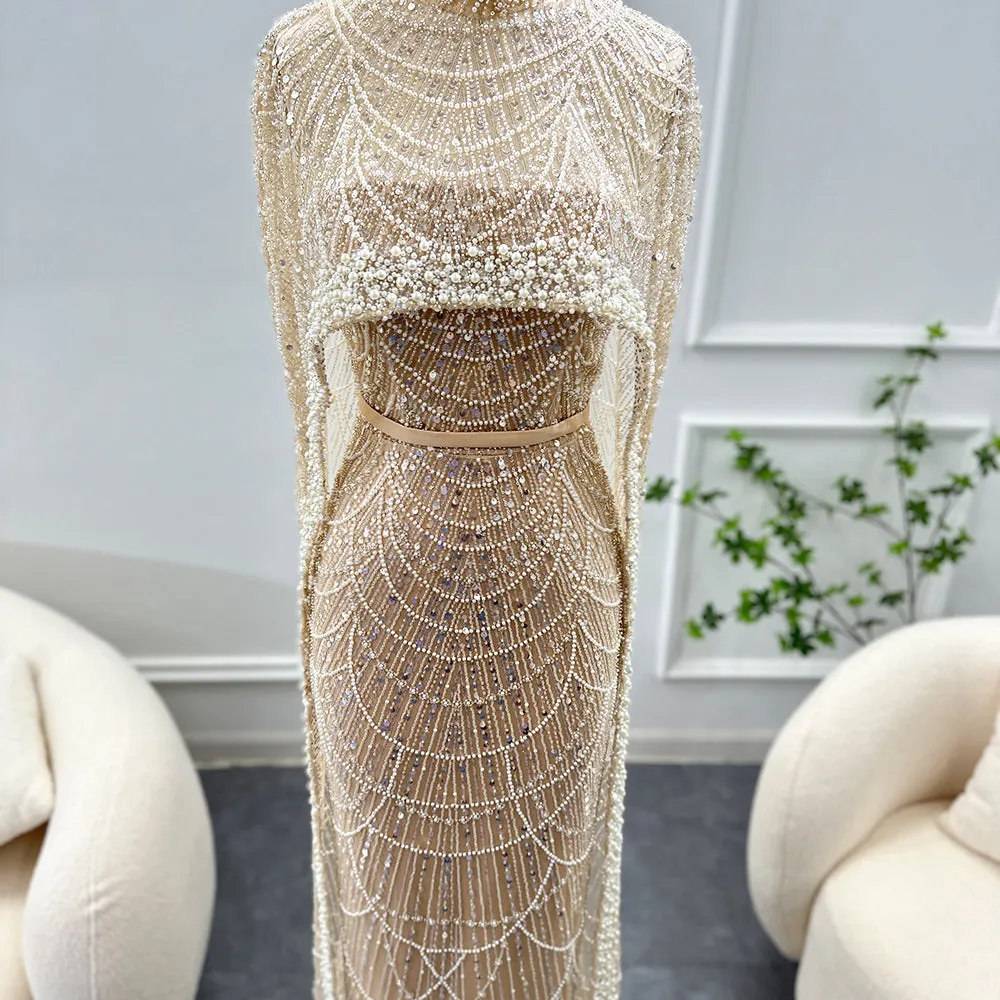 Luxury Pearls Champagne Evening Dress with Cape SS369