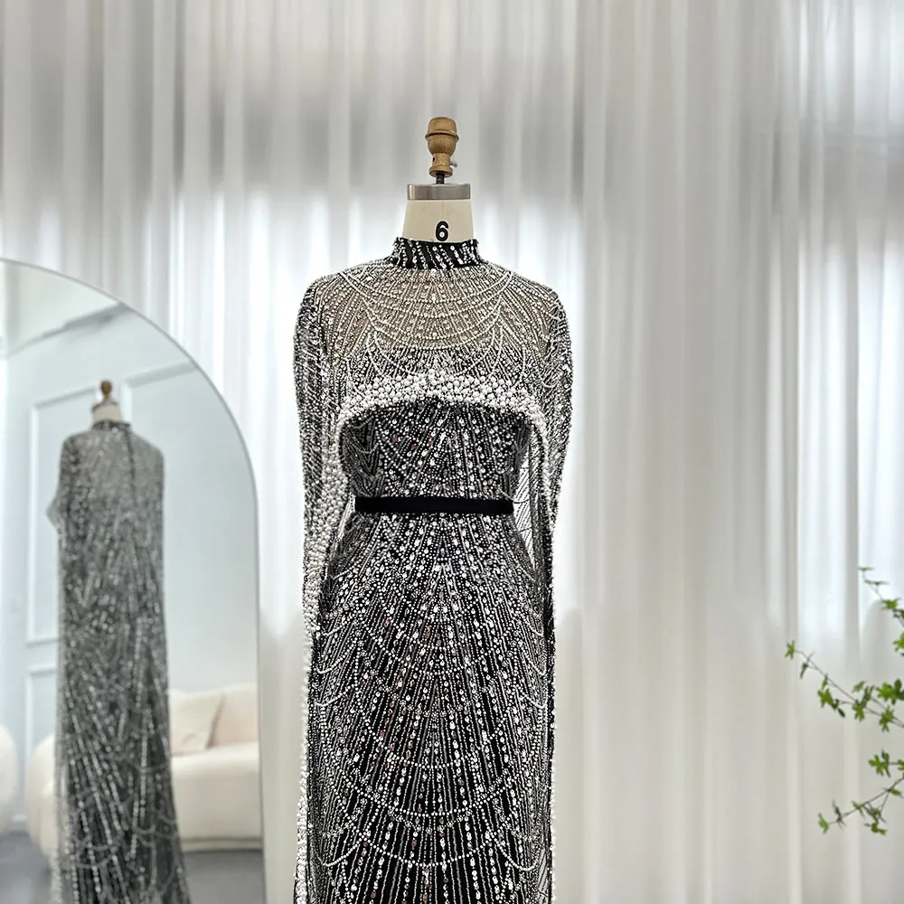 Luxury Pearls Champagne Evening Dress with Cape SS369