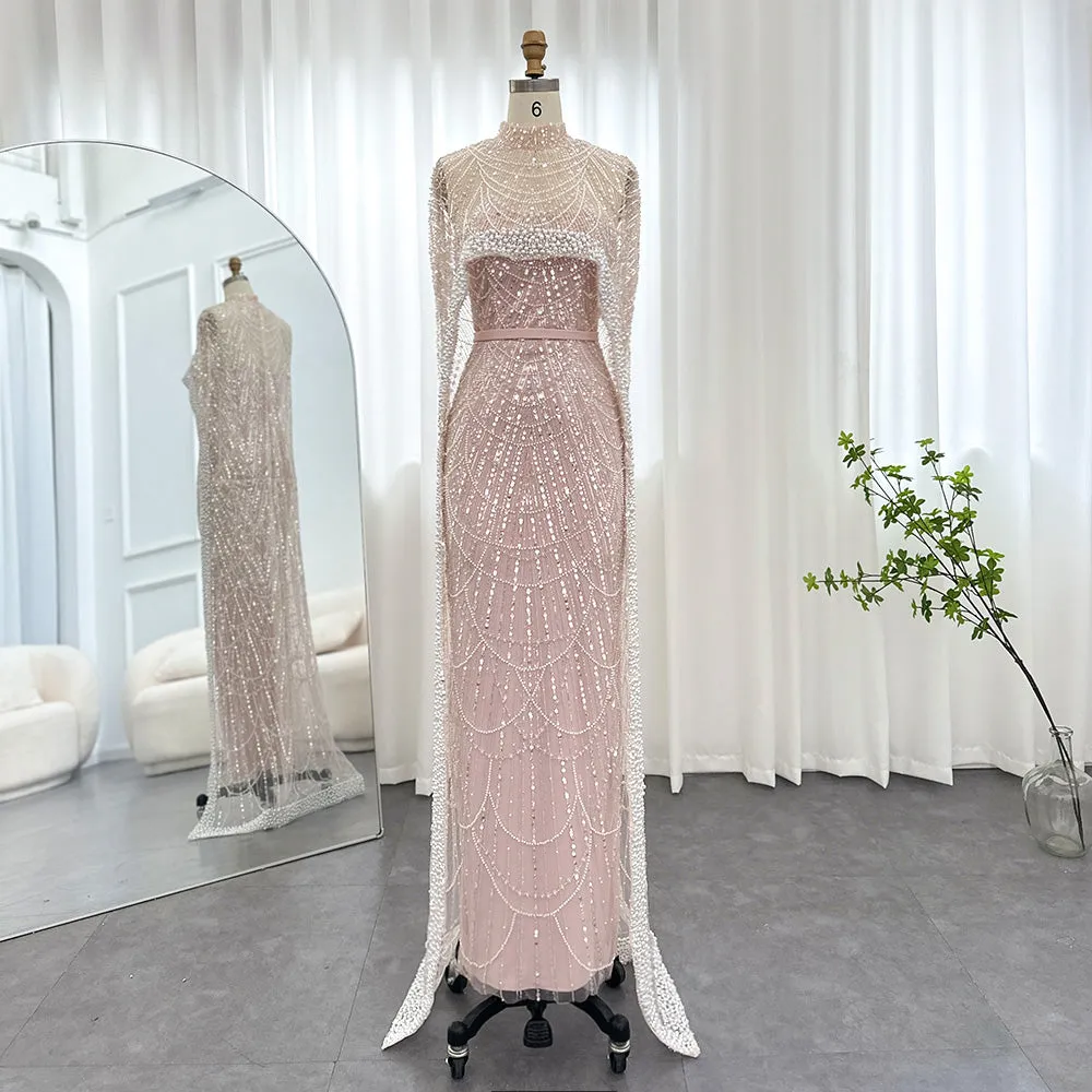 Luxury Pearls Champagne Evening Dress with Cape SS369
