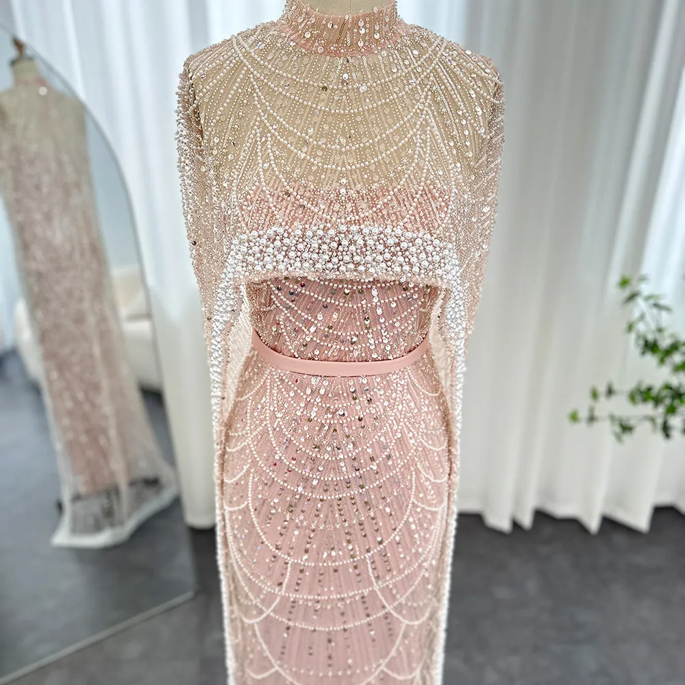 Luxury Pearls Champagne Evening Dress with Cape SS369