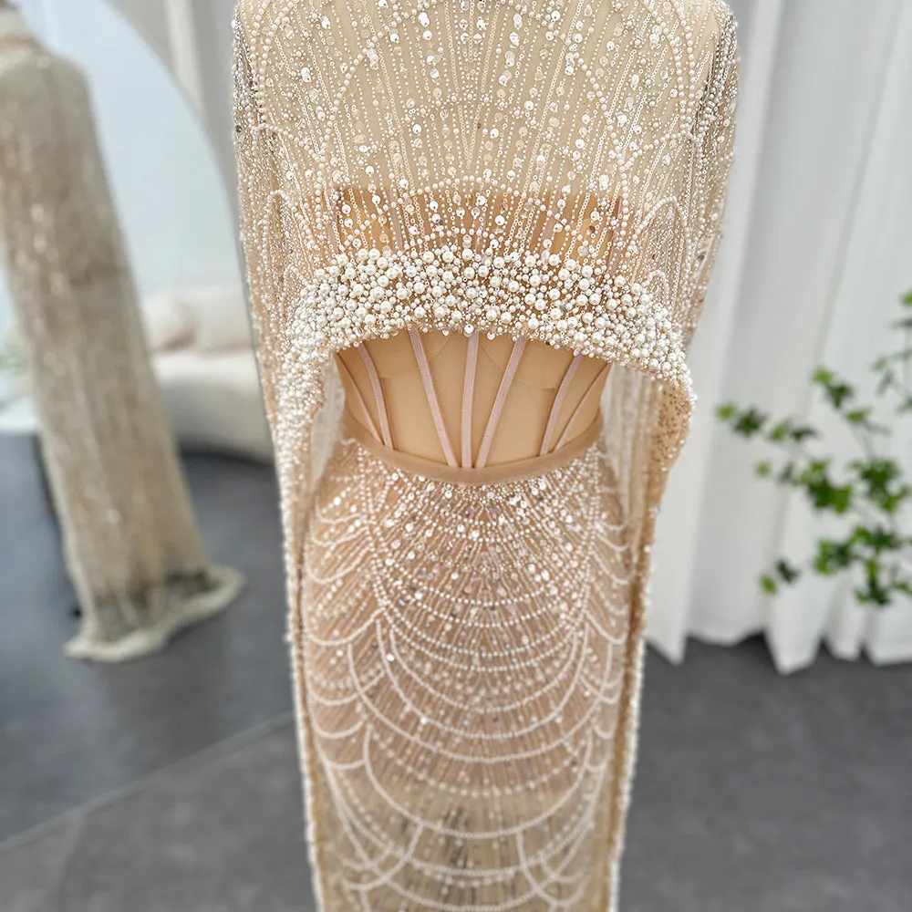 Luxury Pearls Champagne Evening Dress with Cape SS369