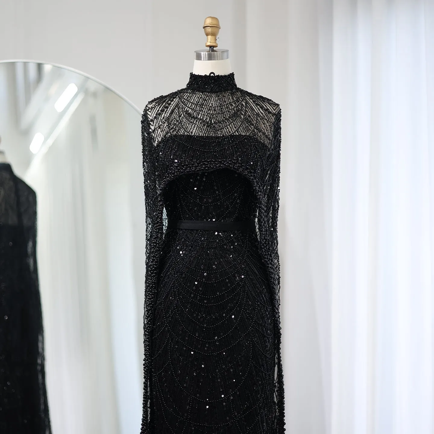 Luxury Pearls Champagne Evening Dress with Cape SS369