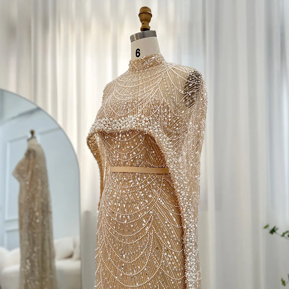 Luxury Pearls Champagne Evening Dress with Cape SS369