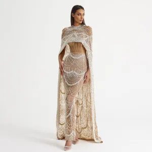 Luxury Pearls Champagne Evening Dress with Cape SS369