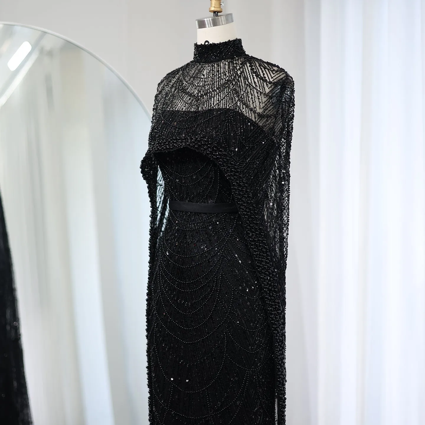 Luxury Pearls Champagne Evening Dress with Cape SS369