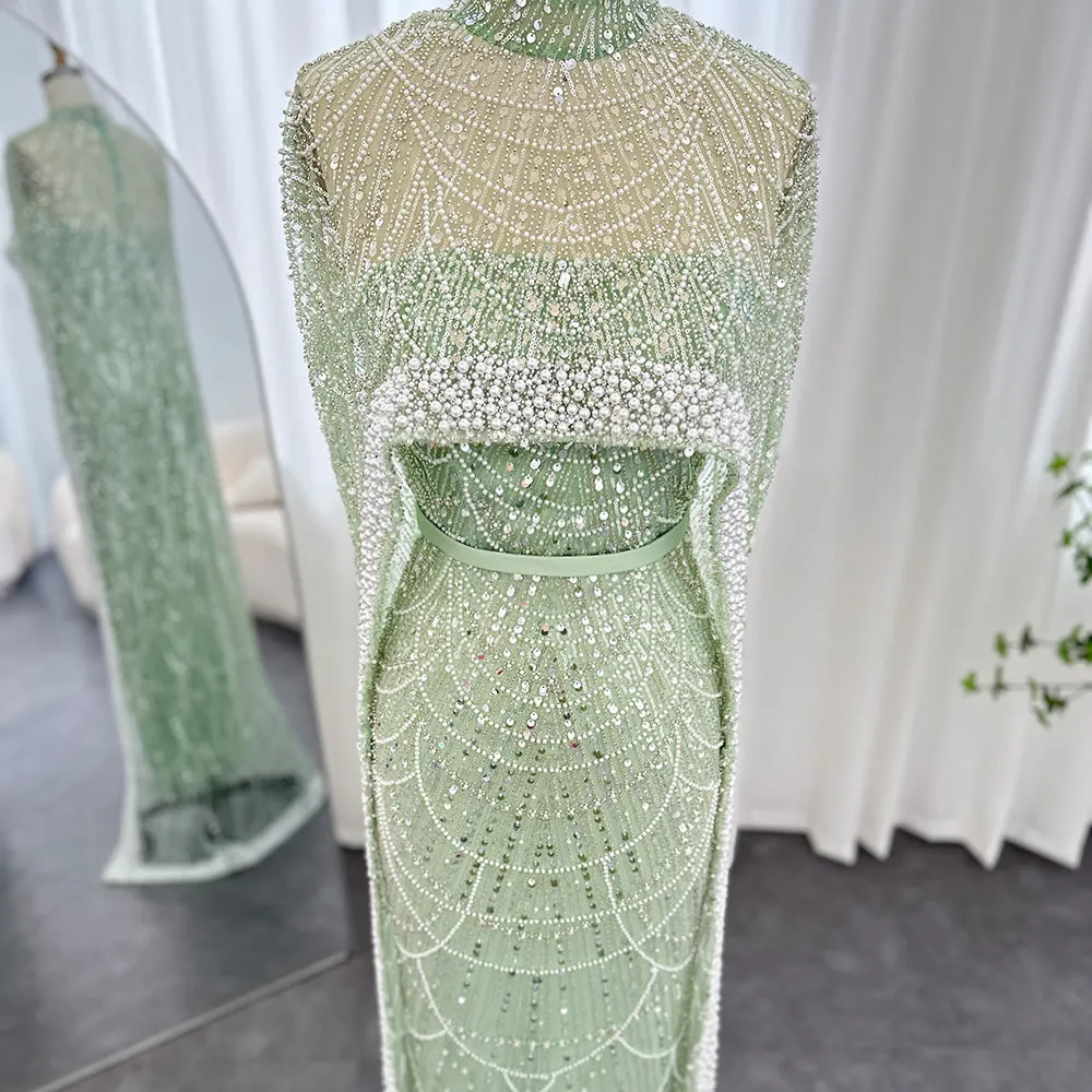 Luxury Pearls Champagne Evening Dress with Cape SS369