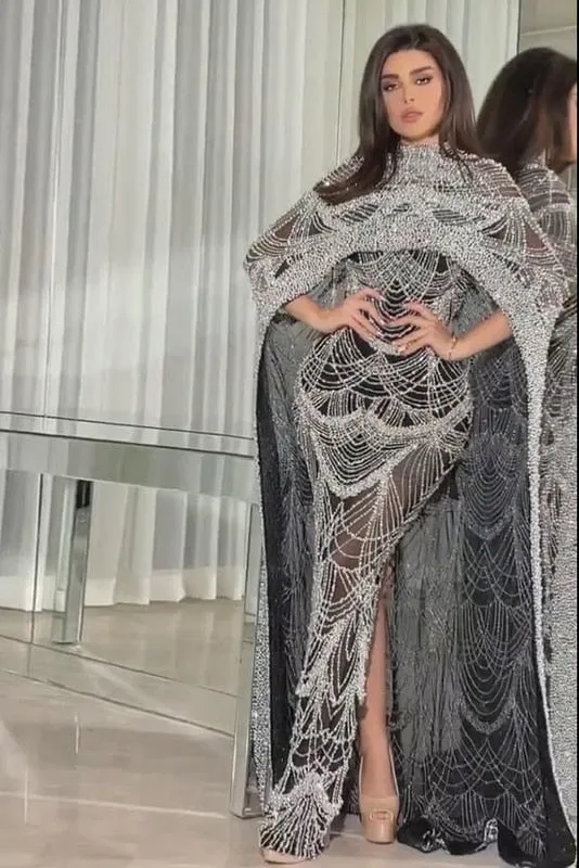 Luxury Pearls Champagne Evening Dress with Cape SS369