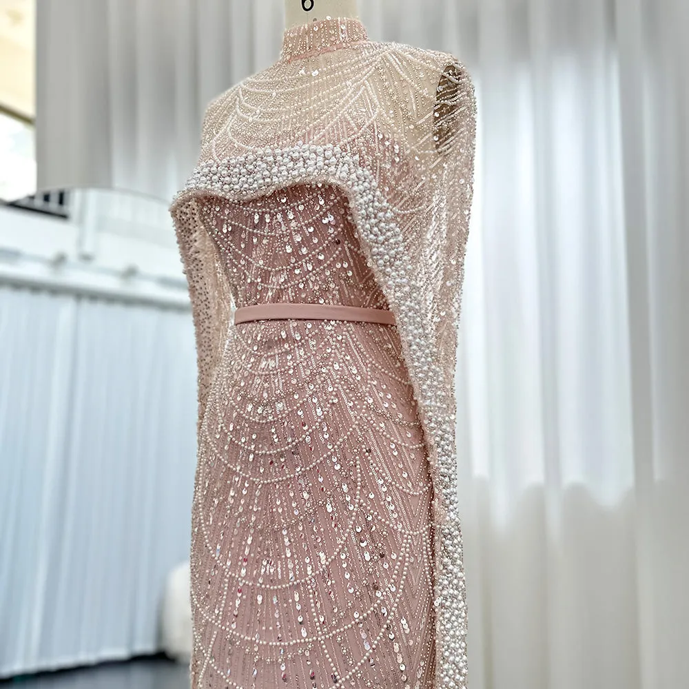 Luxury Pearls Champagne Evening Dress with Cape SS369