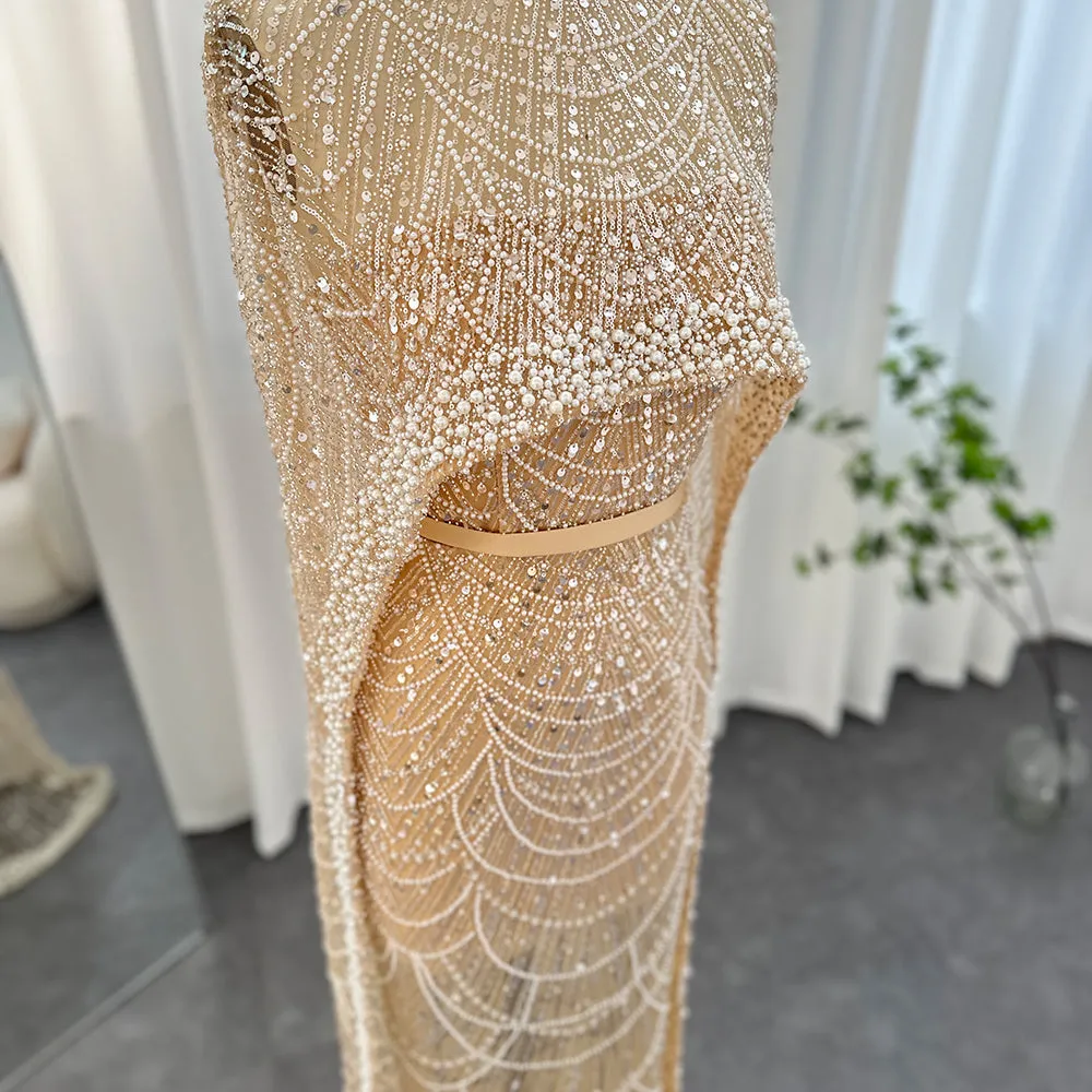 Luxury Pearls Champagne Evening Dress with Cape SS369