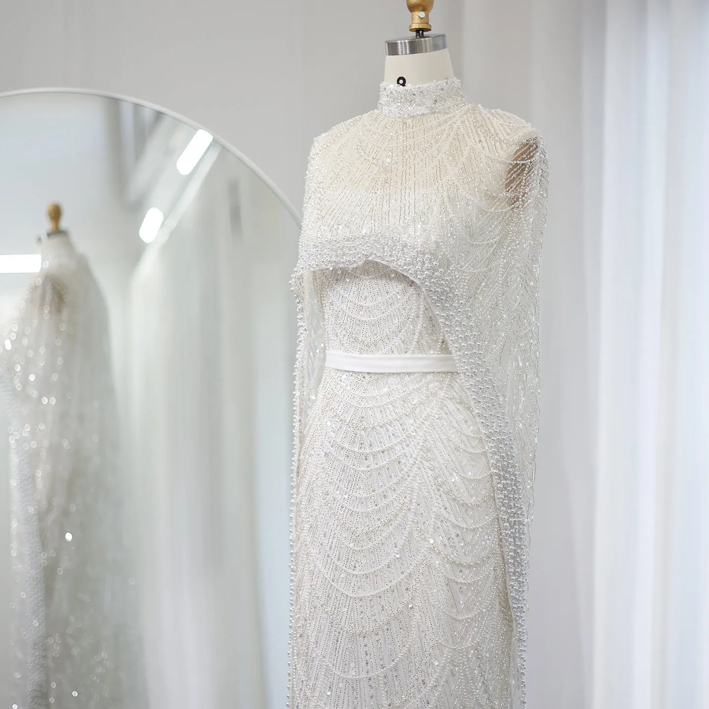 Luxury Pearls Champagne Evening Dress with Cape SS369