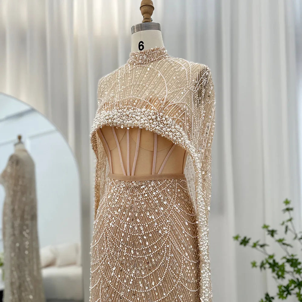 Luxury Pearls Champagne Evening Dress with Cape SS369