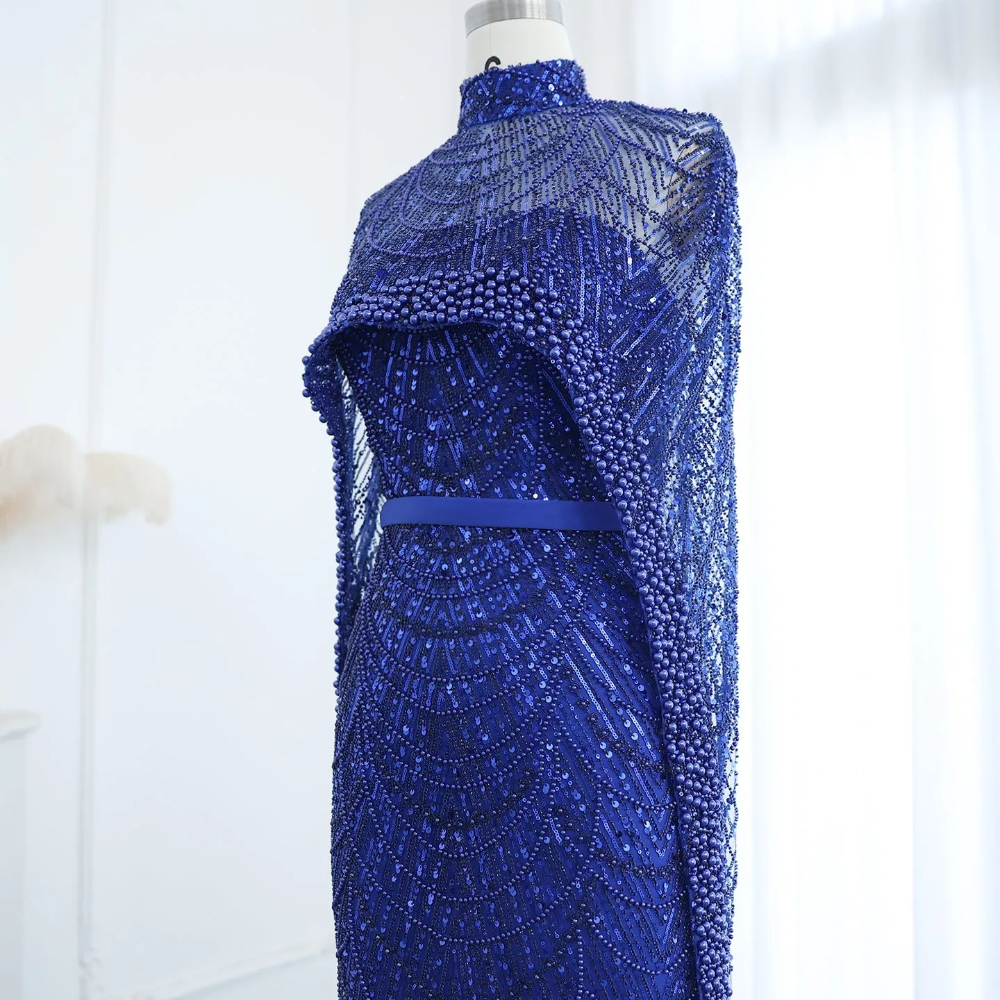 Luxury Pearls Champagne Evening Dress with Cape SS369