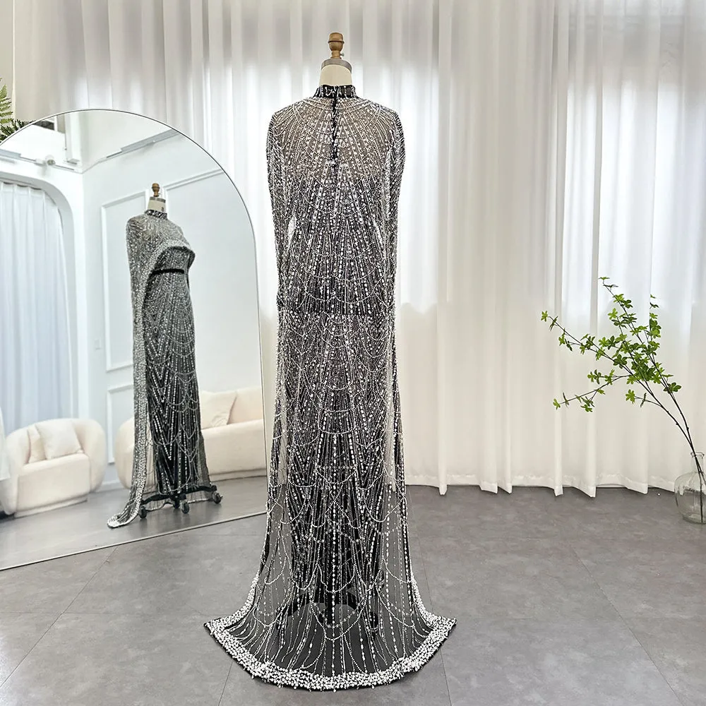 Luxury Pearls Champagne Evening Dress with Cape SS369