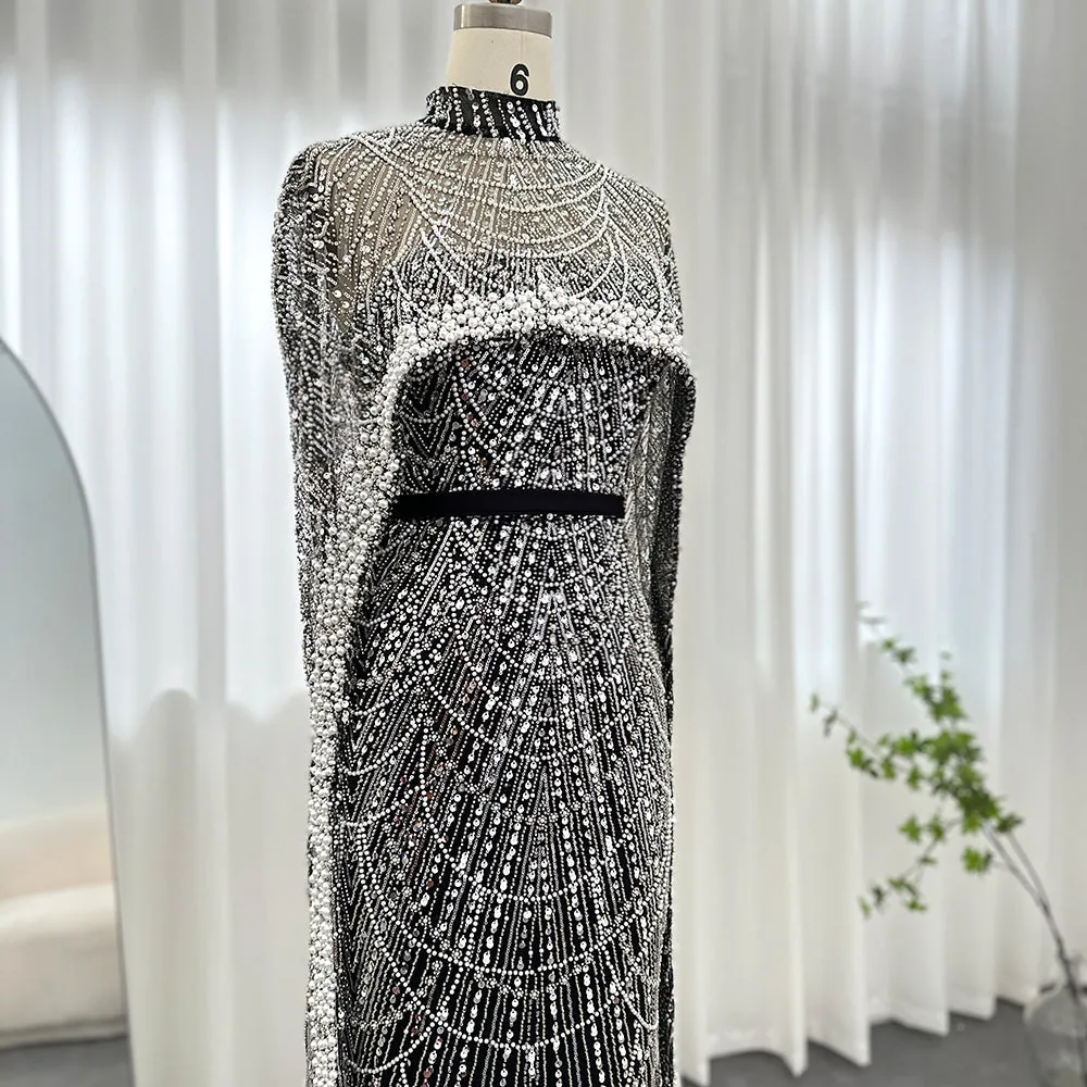 Luxury Pearls Champagne Evening Dress with Cape SS369