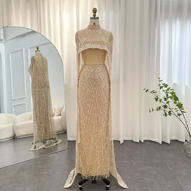 Luxury Pearls Champagne Evening Dress with Cape SS369