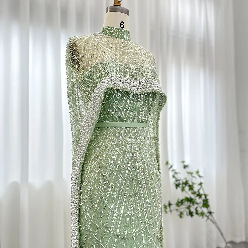 Luxury Pearls Champagne Evening Dress with Cape SS369