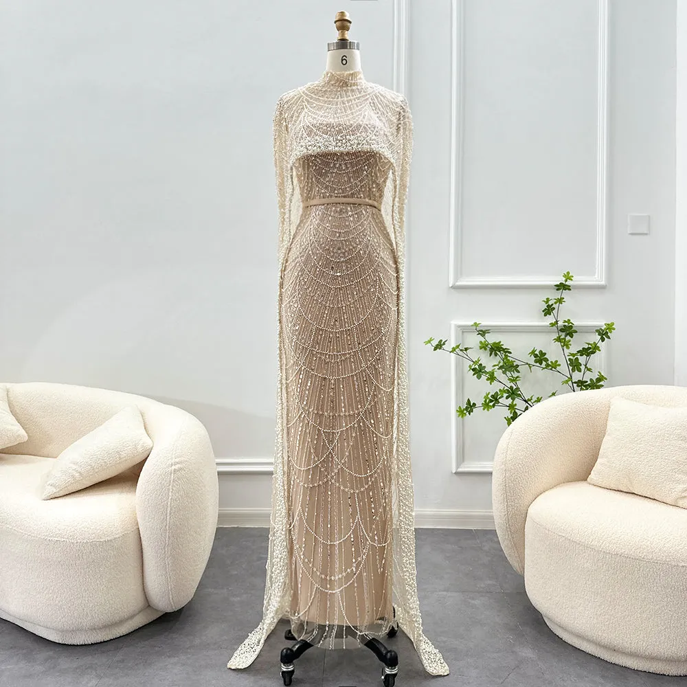Luxury Pearls Champagne Evening Dress with Cape SS369