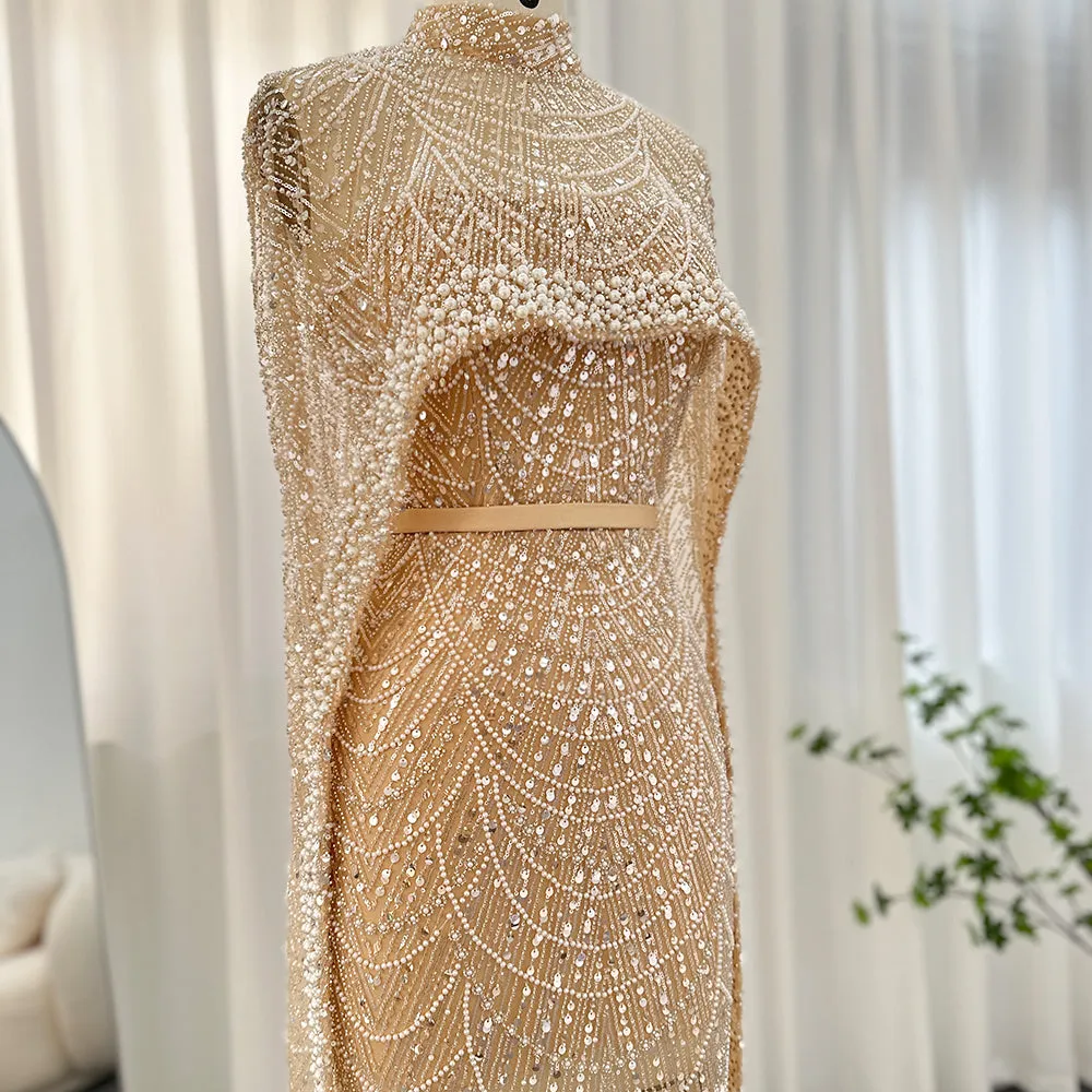 Luxury Pearls Champagne Evening Dress with Cape SS369