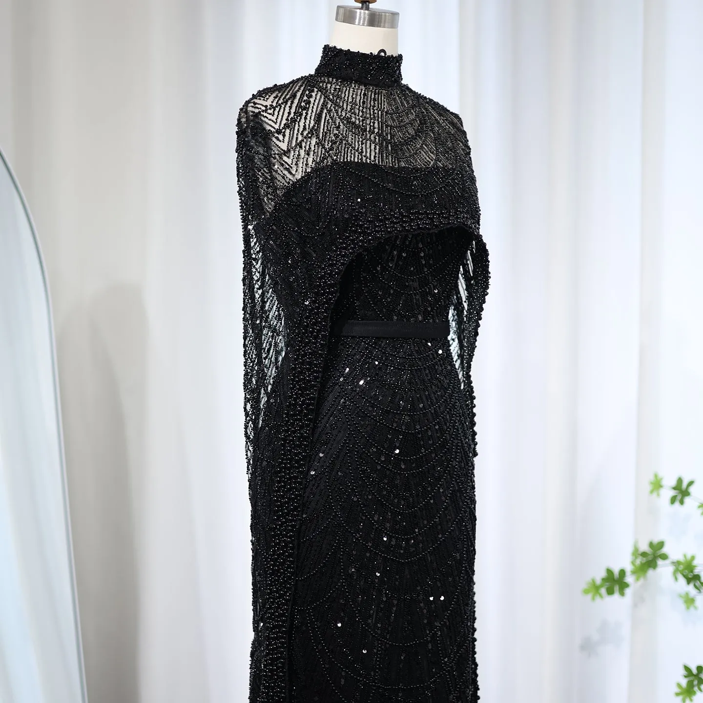 Luxury Pearls Champagne Evening Dress with Cape SS369