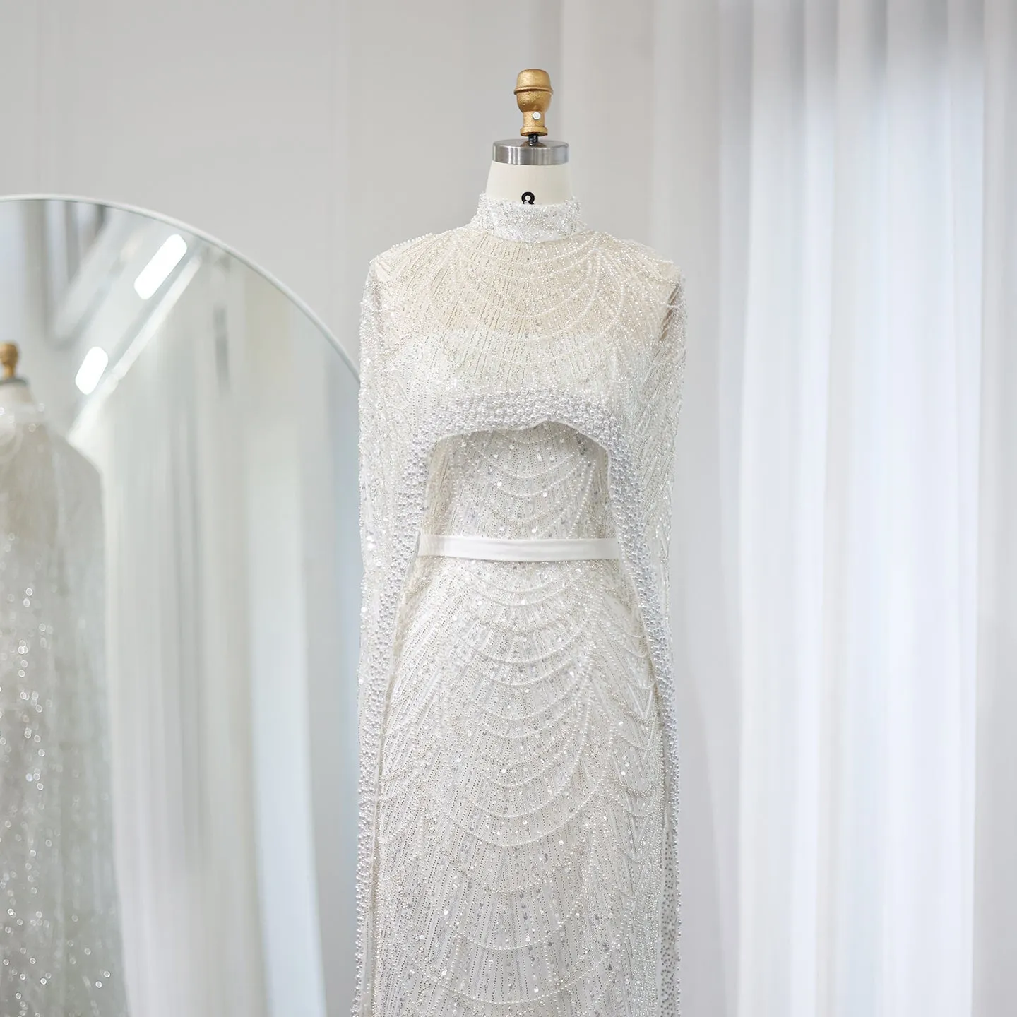 Luxury Pearls Champagne Evening Dress with Cape SS369