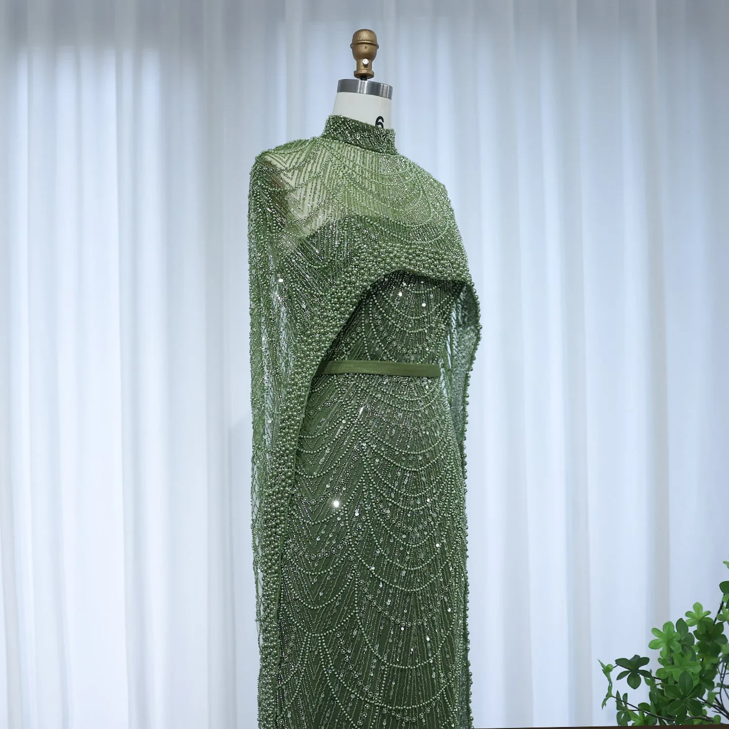 Luxury Pearls Champagne Evening Dress with Cape SS369