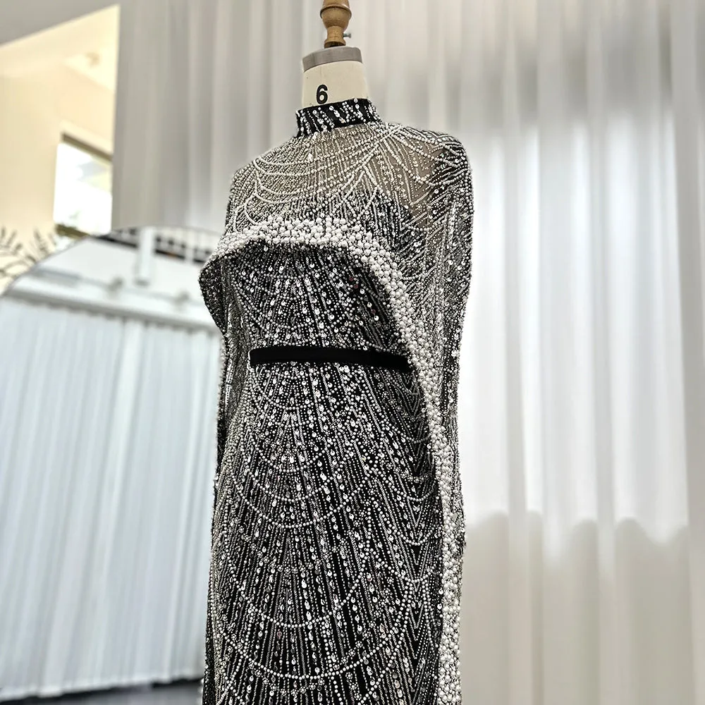 Luxury Pearls Champagne Evening Dress with Cape SS369